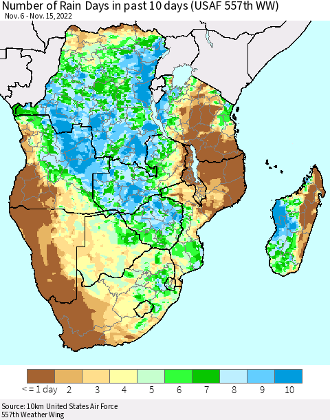 Southern Africa Number of Rain Days in past 10 days (USAF 557th WW) Thematic Map For 11/11/2022 - 11/15/2022