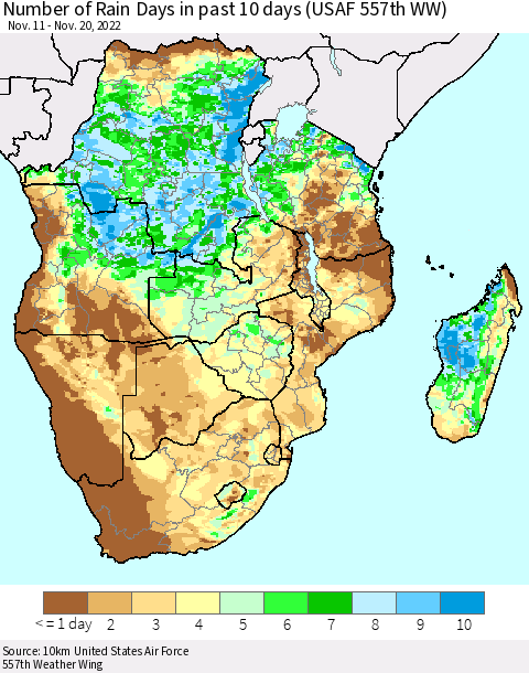 Southern Africa Number of Rain Days in past 10 days (USAF 557th WW) Thematic Map For 11/16/2022 - 11/20/2022
