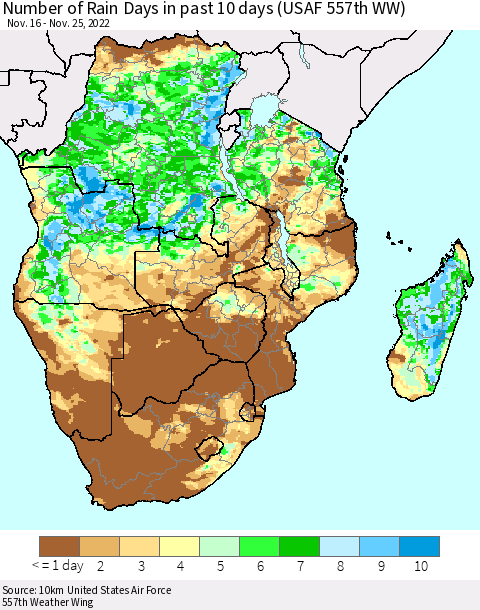 Southern Africa Number of Rain Days in past 10 days (USAF 557th WW) Thematic Map For 11/21/2022 - 11/25/2022
