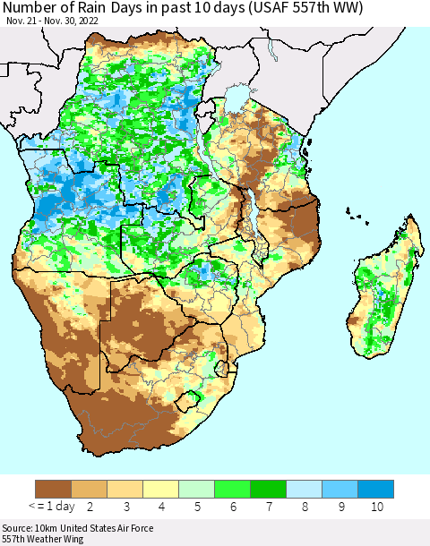 Southern Africa Number of Rain Days in past 10 days (USAF 557th WW) Thematic Map For 11/26/2022 - 11/30/2022