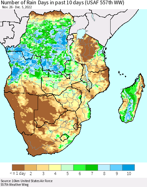 Southern Africa Number of Rain Days in past 10 days (USAF 557th WW) Thematic Map For 12/1/2022 - 12/5/2022