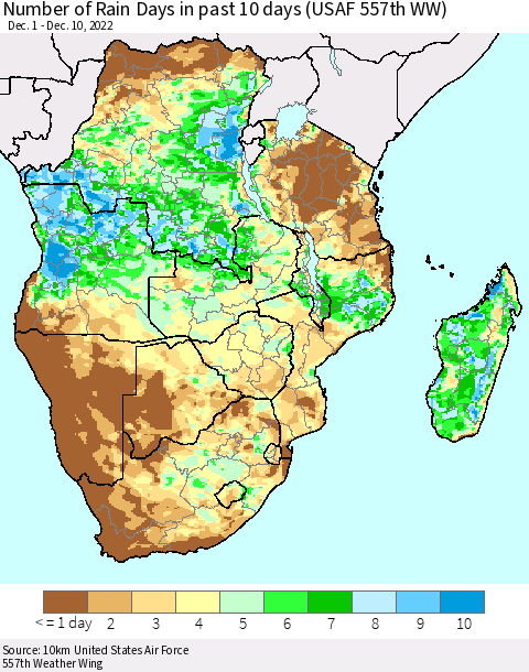 Southern Africa Number of Rain Days in past 10 days (USAF 557th WW) Thematic Map For 12/6/2022 - 12/10/2022