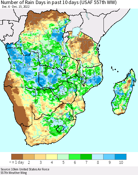 Southern Africa Number of Rain Days in past 10 days (USAF 557th WW) Thematic Map For 12/11/2022 - 12/15/2022