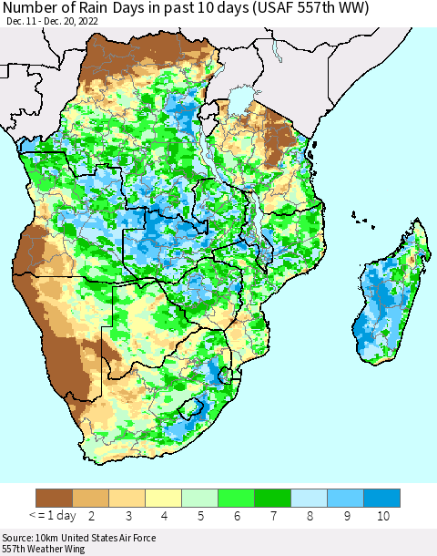 Southern Africa Number of Rain Days in past 10 days (USAF 557th WW) Thematic Map For 12/16/2022 - 12/20/2022