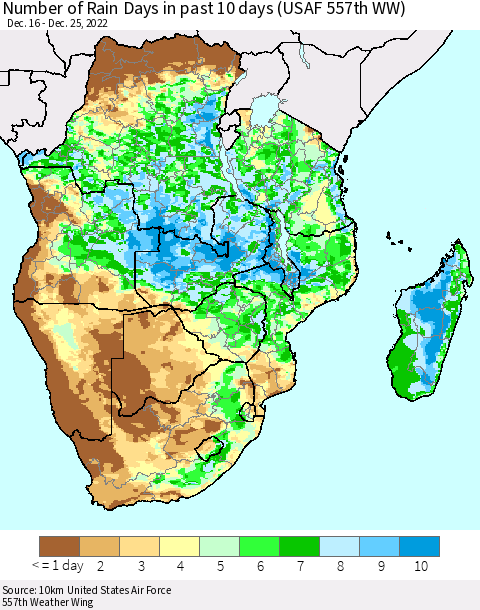 Southern Africa Number of Rain Days in past 10 days (USAF 557th WW) Thematic Map For 12/21/2022 - 12/25/2022
