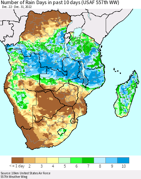 Southern Africa Number of Rain Days in past 10 days (USAF 557th WW) Thematic Map For 12/26/2022 - 12/31/2022
