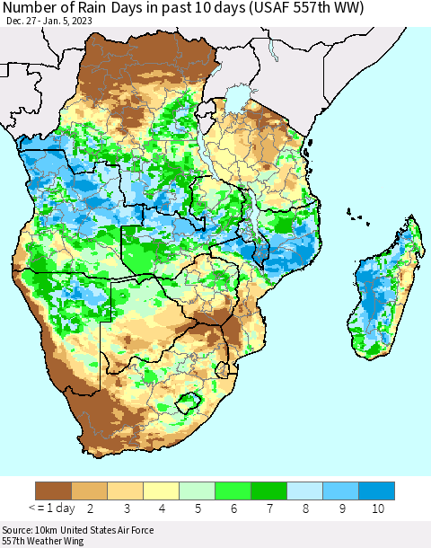 Southern Africa Number of Rain Days in past 10 days (USAF 557th WW) Thematic Map For 1/1/2023 - 1/5/2023