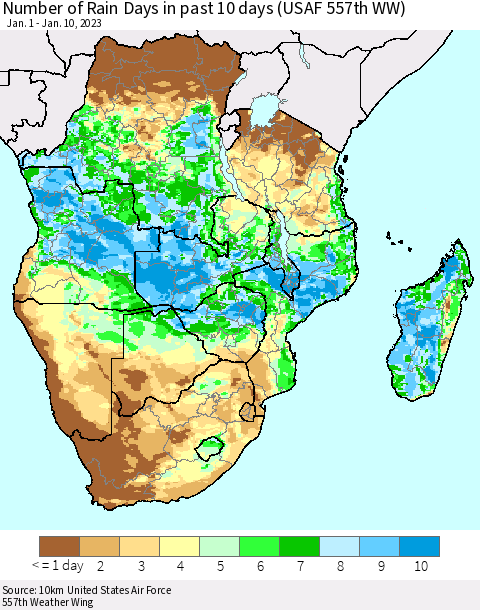 Southern Africa Number of Rain Days in past 10 days (USAF 557th WW) Thematic Map For 1/6/2023 - 1/10/2023