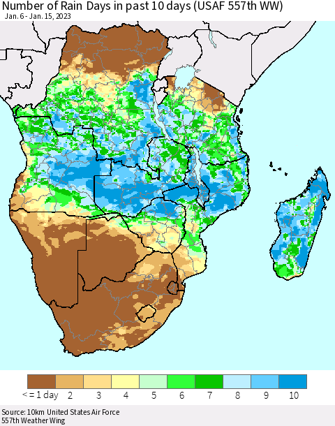 Southern Africa Number of Rain Days in past 10 days (USAF 557th WW) Thematic Map For 1/11/2023 - 1/15/2023