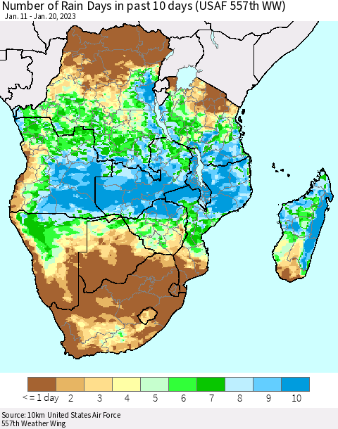 Southern Africa Number of Rain Days in past 10 days (USAF 557th WW) Thematic Map For 1/16/2023 - 1/20/2023