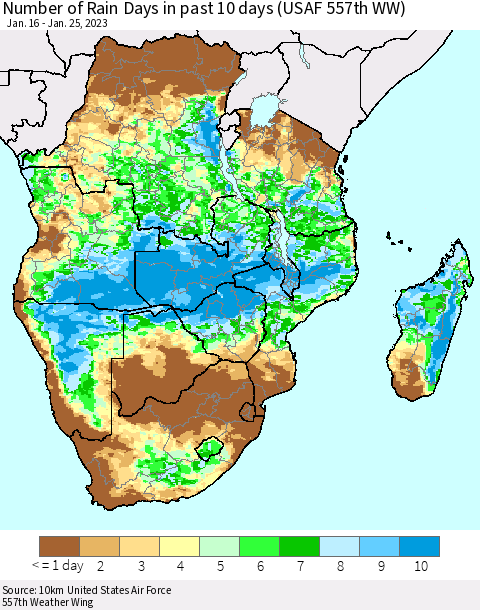 Southern Africa Number of Rain Days in past 10 days (USAF 557th WW) Thematic Map For 1/21/2023 - 1/25/2023