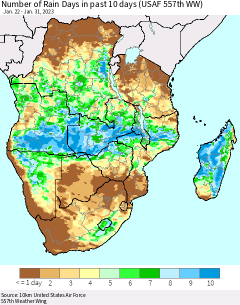 Southern Africa Number of Rain Days in past 10 days (USAF 557th WW) Thematic Map For 1/26/2023 - 1/31/2023