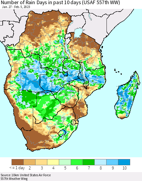 Southern Africa Number of Rain Days in past 10 days (USAF 557th WW) Thematic Map For 2/1/2023 - 2/5/2023