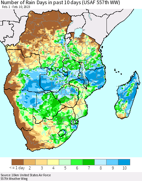 Southern Africa Number of Rain Days in past 10 days (USAF 557th WW) Thematic Map For 2/6/2023 - 2/10/2023