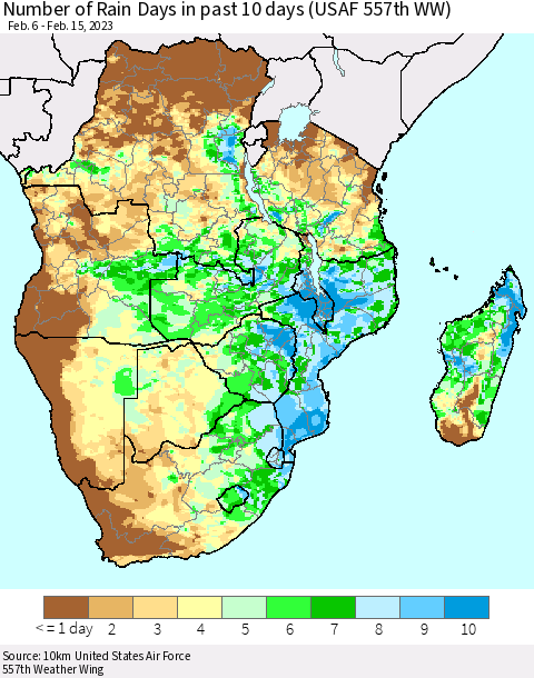 Southern Africa Number of Rain Days in past 10 days (USAF 557th WW) Thematic Map For 2/11/2023 - 2/15/2023