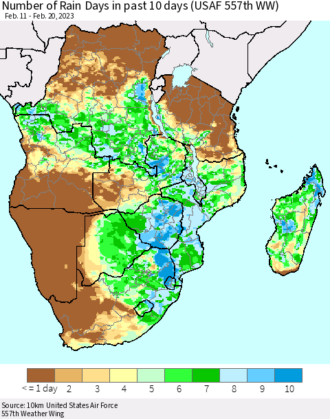 Southern Africa Number of Rain Days in past 10 days (USAF 557th WW) Thematic Map For 2/16/2023 - 2/20/2023