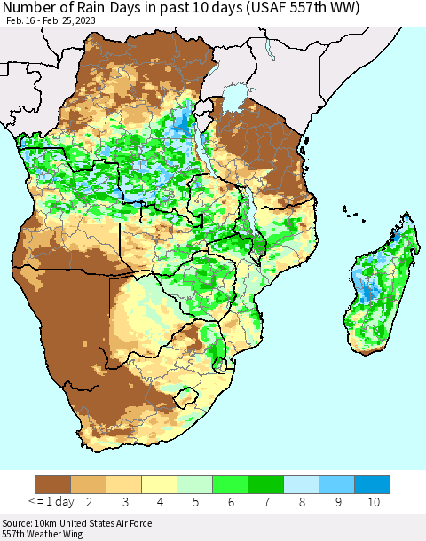 Southern Africa Number of Rain Days in past 10 days (USAF 557th WW) Thematic Map For 2/21/2023 - 2/25/2023