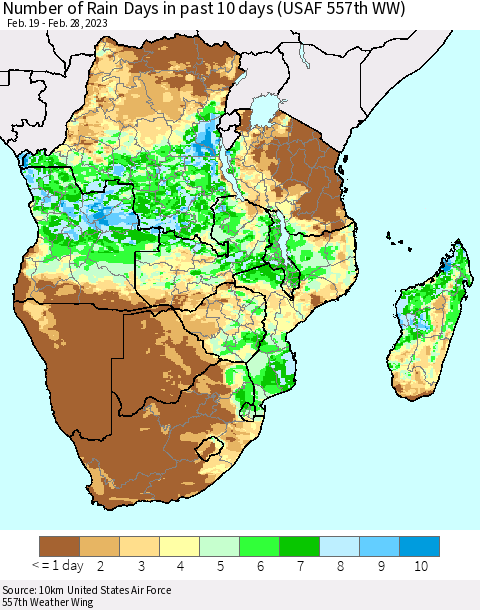 Southern Africa Number of Rain Days in past 10 days (USAF 557th WW) Thematic Map For 2/26/2023 - 2/28/2023