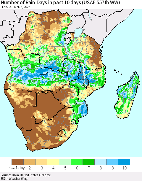 Southern Africa Number of Rain Days in past 10 days (USAF 557th WW) Thematic Map For 3/1/2023 - 3/5/2023