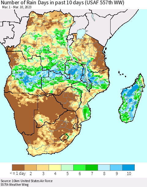 Southern Africa Number of Rain Days in past 10 days (USAF 557th WW) Thematic Map For 3/6/2023 - 3/10/2023