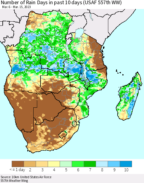 Southern Africa Number of Rain Days in past 10 days (USAF 557th WW) Thematic Map For 3/11/2023 - 3/15/2023