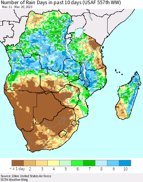 Southern Africa Number of Rain Days in past 10 days (USAF 557th WW) Thematic Map For 3/16/2023 - 3/20/2023