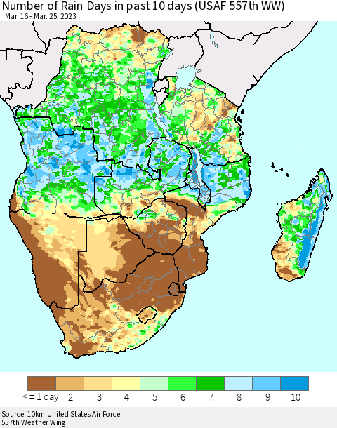 Southern Africa Number of Rain Days in past 10 days (USAF 557th WW) Thematic Map For 3/21/2023 - 3/25/2023