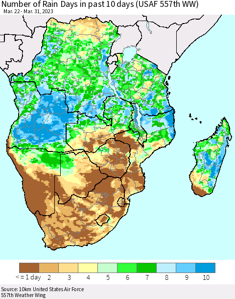 Southern Africa Number of Rain Days in past 10 days (USAF 557th WW) Thematic Map For 3/26/2023 - 3/31/2023
