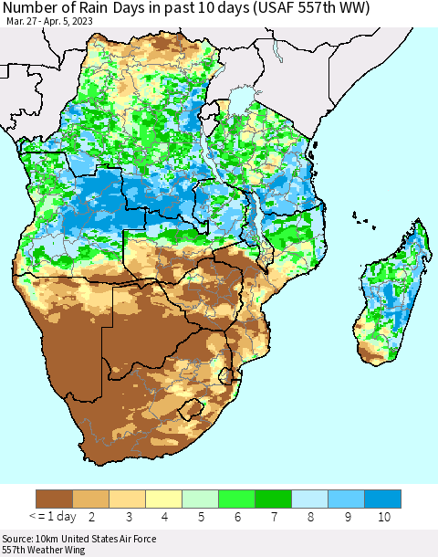 Southern Africa Number of Rain Days in past 10 days (USAF 557th WW) Thematic Map For 4/1/2023 - 4/5/2023