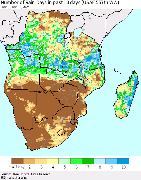 Southern Africa Number of Rain Days in past 10 days (USAF 557th WW) Thematic Map For 4/6/2023 - 4/10/2023