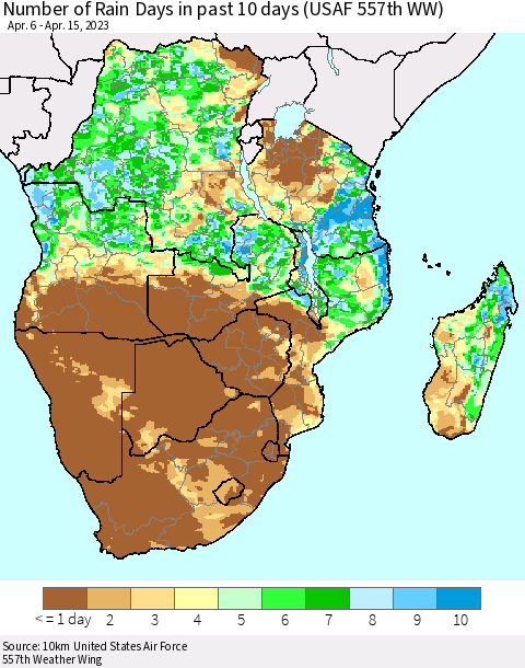 Southern Africa Number of Rain Days in past 10 days (USAF 557th WW) Thematic Map For 4/11/2023 - 4/15/2023