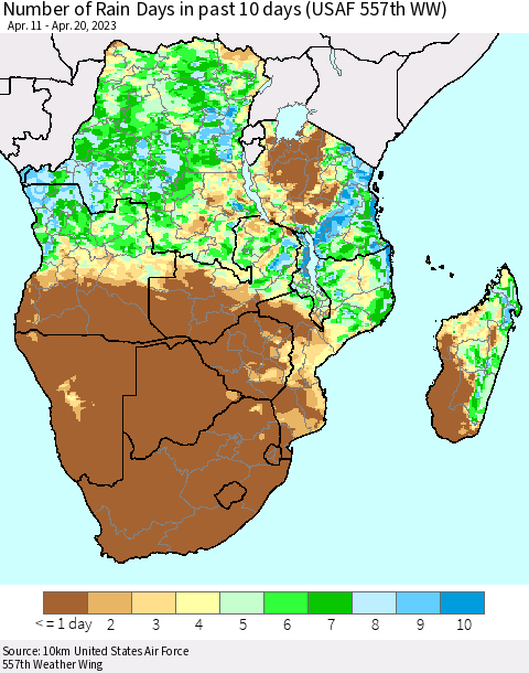 Southern Africa Number of Rain Days in past 10 days (USAF 557th WW) Thematic Map For 4/16/2023 - 4/20/2023