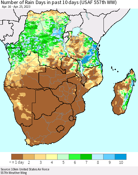 Southern Africa Number of Rain Days in past 10 days (USAF 557th WW) Thematic Map For 4/21/2023 - 4/25/2023