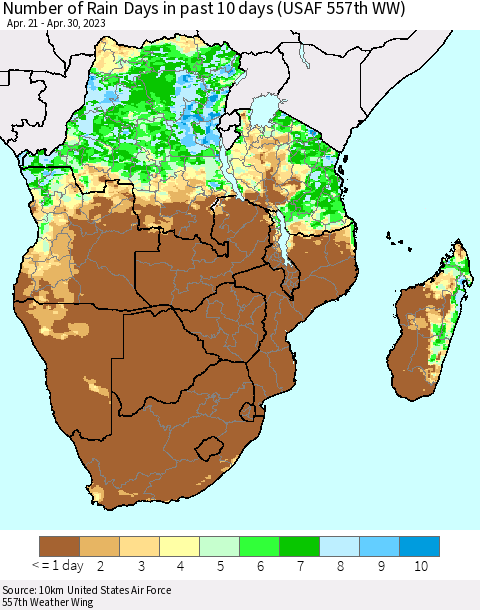 Southern Africa Number of Rain Days in past 10 days (USAF 557th WW) Thematic Map For 4/26/2023 - 4/30/2023
