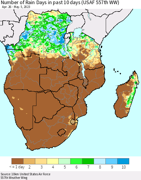 Southern Africa Number of Rain Days in past 10 days (USAF 557th WW) Thematic Map For 5/1/2023 - 5/5/2023