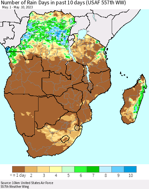 Southern Africa Number of Rain Days in past 10 days (USAF 557th WW) Thematic Map For 5/6/2023 - 5/10/2023