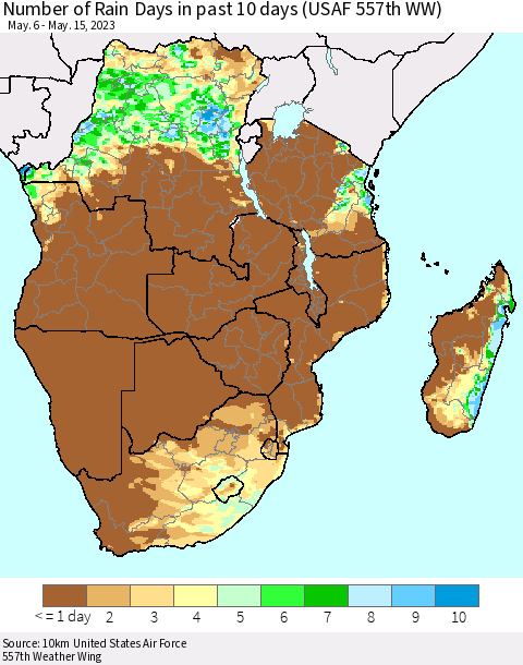 Southern Africa Number of Rain Days in past 10 days (USAF 557th WW) Thematic Map For 5/11/2023 - 5/15/2023