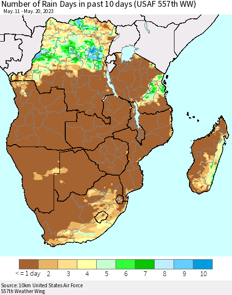 Southern Africa Number of Rain Days in past 10 days (USAF 557th WW) Thematic Map For 5/16/2023 - 5/20/2023