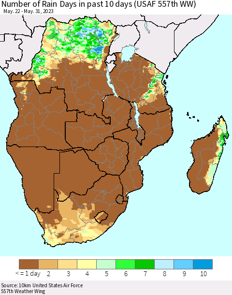 Southern Africa Number of Rain Days in past 10 days (USAF 557th WW) Thematic Map For 5/26/2023 - 5/31/2023