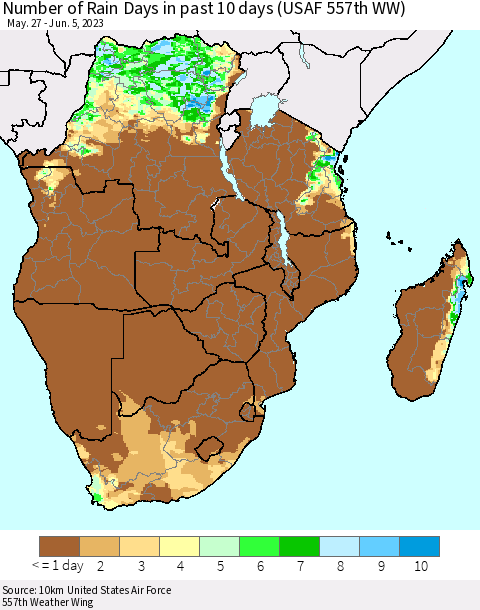 Southern Africa Number of Rain Days in past 10 days (USAF 557th WW) Thematic Map For 6/1/2023 - 6/5/2023