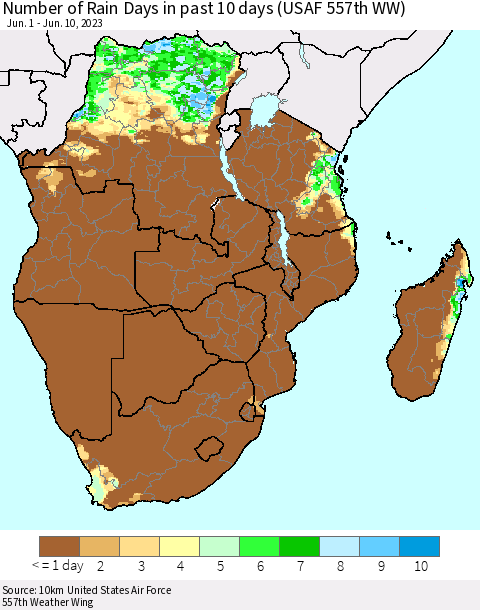 Southern Africa Number of Rain Days in past 10 days (USAF 557th WW) Thematic Map For 6/6/2023 - 6/10/2023