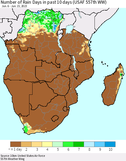 Southern Africa Number of Rain Days in past 10 days (USAF 557th WW) Thematic Map For 6/11/2023 - 6/15/2023