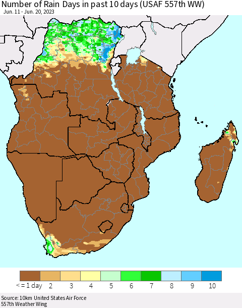 Southern Africa Number of Rain Days in past 10 days (USAF 557th WW) Thematic Map For 6/16/2023 - 6/20/2023