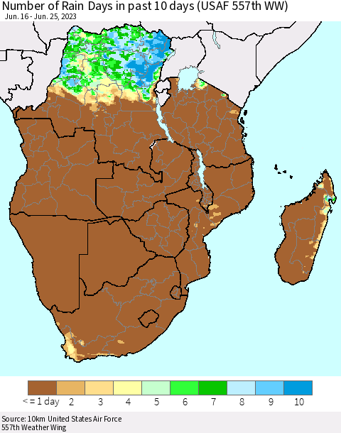 Southern Africa Number of Rain Days in past 10 days (USAF 557th WW) Thematic Map For 6/21/2023 - 6/25/2023