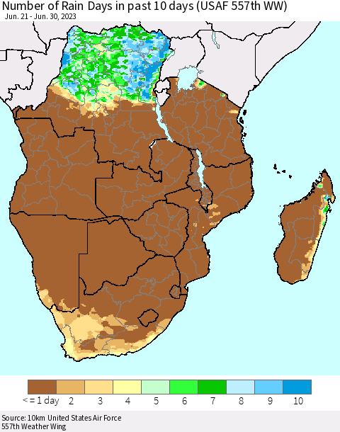 Southern Africa Number of Rain Days in past 10 days (USAF 557th WW) Thematic Map For 6/26/2023 - 6/30/2023