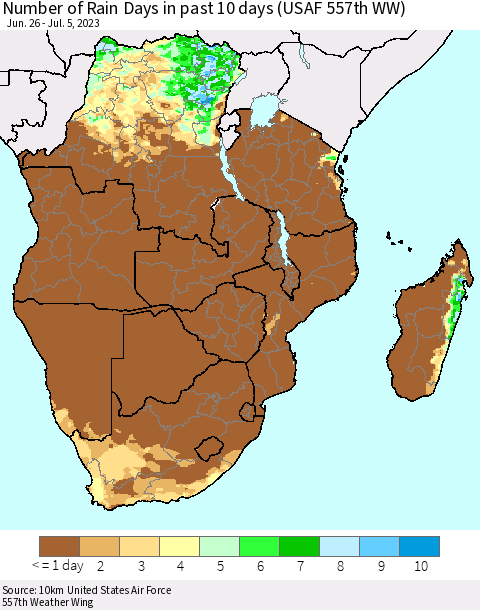 Southern Africa Number of Rain Days in past 10 days (USAF 557th WW) Thematic Map For 7/1/2023 - 7/5/2023