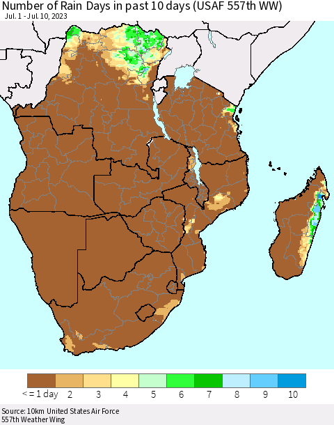 Southern Africa Number of Rain Days in past 10 days (USAF 557th WW) Thematic Map For 7/6/2023 - 7/10/2023
