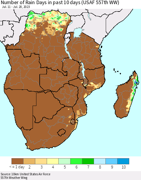 Southern Africa Number of Rain Days in past 10 days (USAF 557th WW) Thematic Map For 7/16/2023 - 7/20/2023