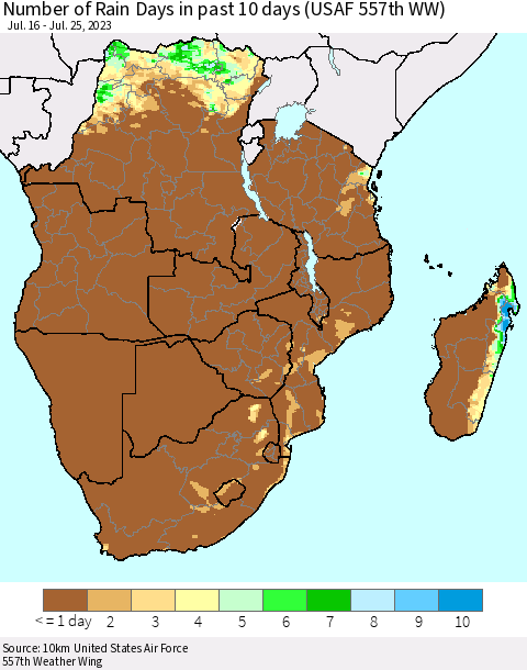 Southern Africa Number of Rain Days in past 10 days (USAF 557th WW) Thematic Map For 7/21/2023 - 7/25/2023
