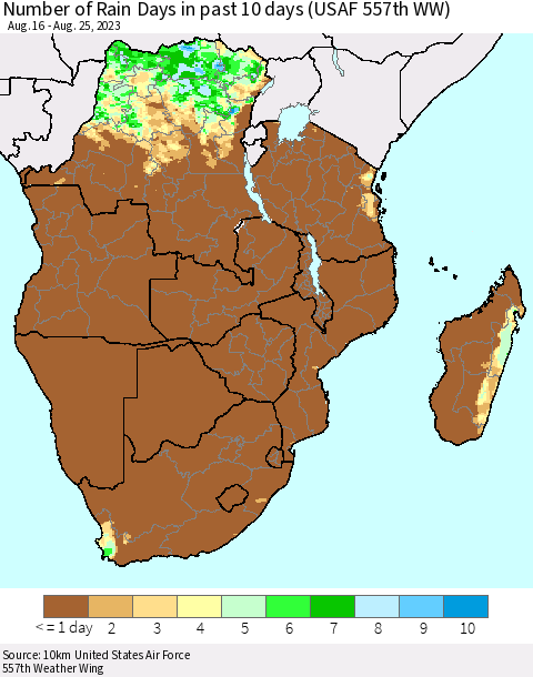 Southern Africa Number of Rain Days in past 10 days (USAF 557th WW) Thematic Map For 8/21/2023 - 8/25/2023